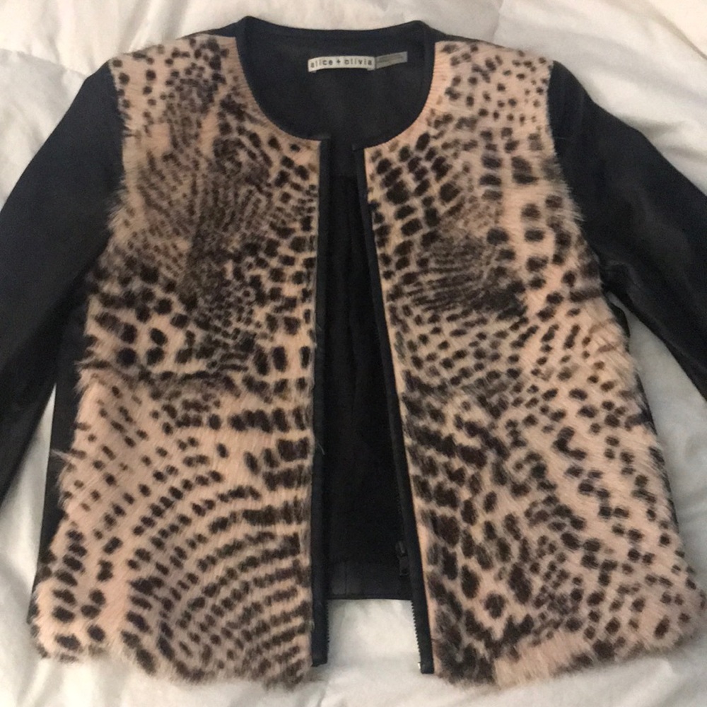 Alice & Olivia leopard print black leather jacket